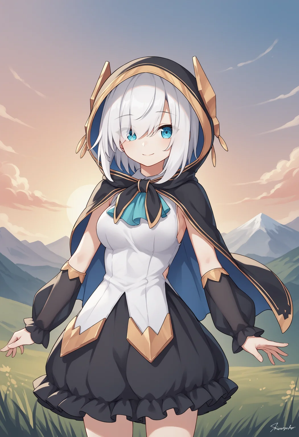 score_9, score_8_up, score_7_up, source_anime, aa1, blue eyes, white hair, eyes visible through hair, short hair, hood, cape, shirt, white shirt, sleeveless shirt, ascot, puffy sleeves, see-through sleeves, detached sleeves, black sleeves, skirt, black skirt, breasts, cowboy shot, smile, sunset, mountain, large head<lora:ArsAlmalXL-17:1>