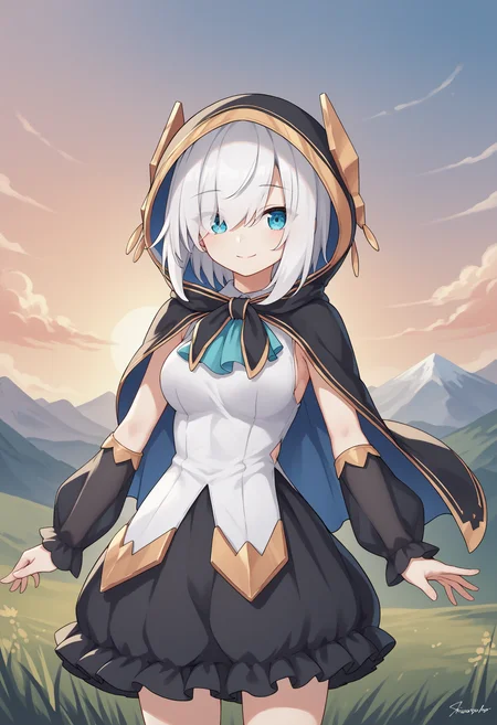 score_9, score_8_up, score_7_up, source_anime, aa1, blue eyes, white hair, eyes visible through hair, short hair, hood, cape, shirt, white shirt, sleeveless shirt, ascot, puffy sleeves, see-through sleeves, detached sleeves, black sleeves, skirt, black skirt, breasts, cowboy shot, smile, sunset, mountain, large head<lora:ArsAlmalXL-17:1>