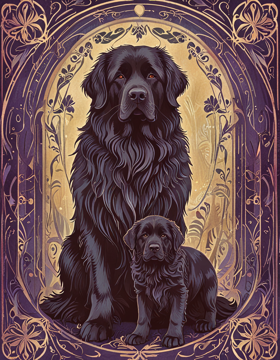 newfoundland dog mom with puppy  novuschroma15 style art nouveau <lora:novuschroma15 style:1>  <lora:sdxl_lightning_8step_lora:1>