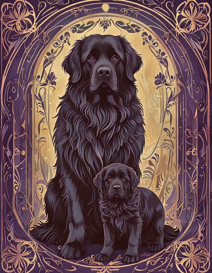 newfoundland dog mom with puppy novuschroma15 style art nouveau <lora:novuschroma15 style:1> <lora:sdxl_lightning_8step_lora:1>