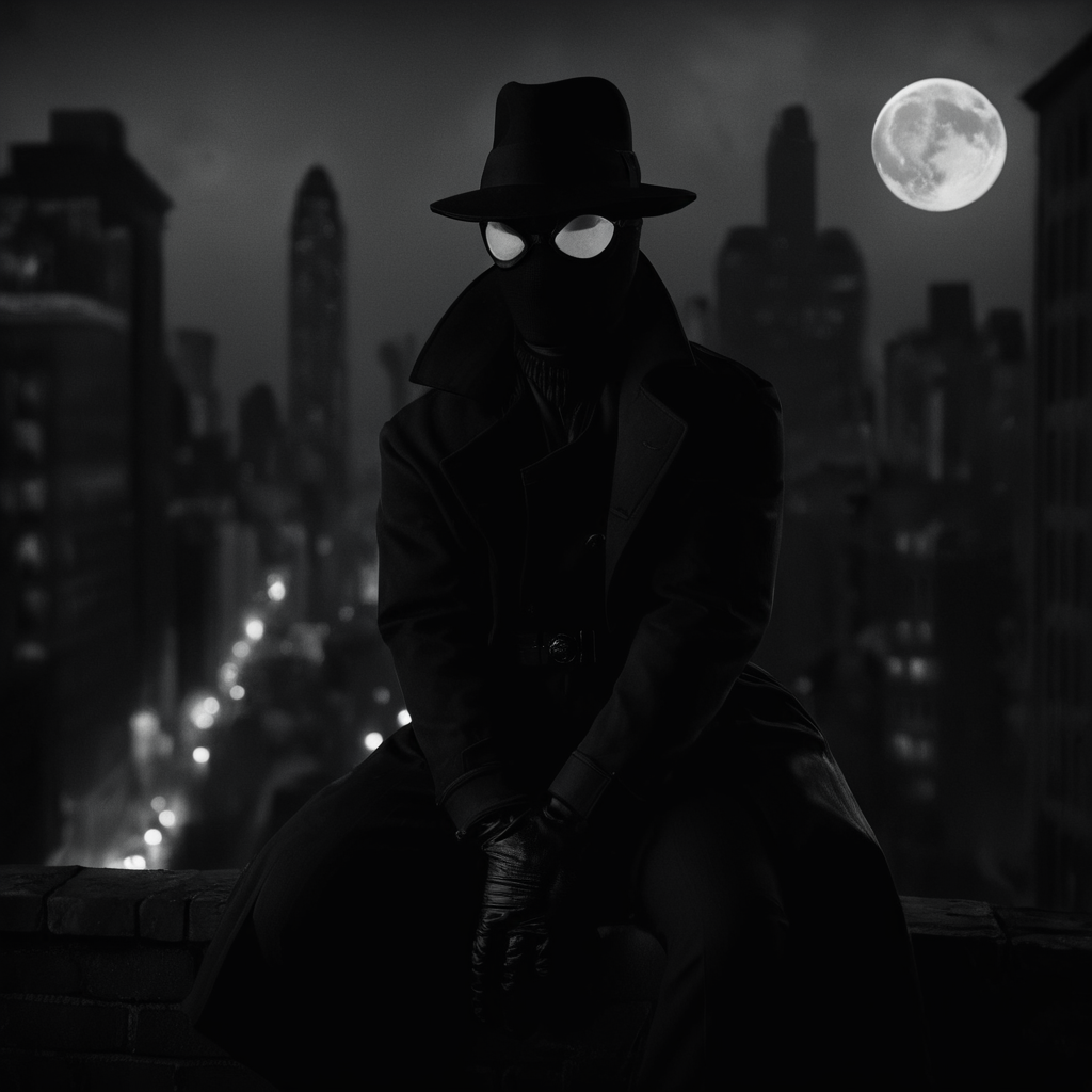cinematic film still of  <lora:Spider-Man Noir:1>
Spider-Man Noir a man in a black suit and hat sitting on a ledge in Marvel Noir universe,solo,gloves,1boy,hat,monochrome,greyscale,male focus,mask,night,moon,squatting,building,full moon,city,cityscape,trench coat , dark theme, cinematic noir, dramatic Light, shallow depth of field, vignette, highly detailed, high budget, bokeh, cinemascope, moody, epic, gorgeous, film grain, grainy