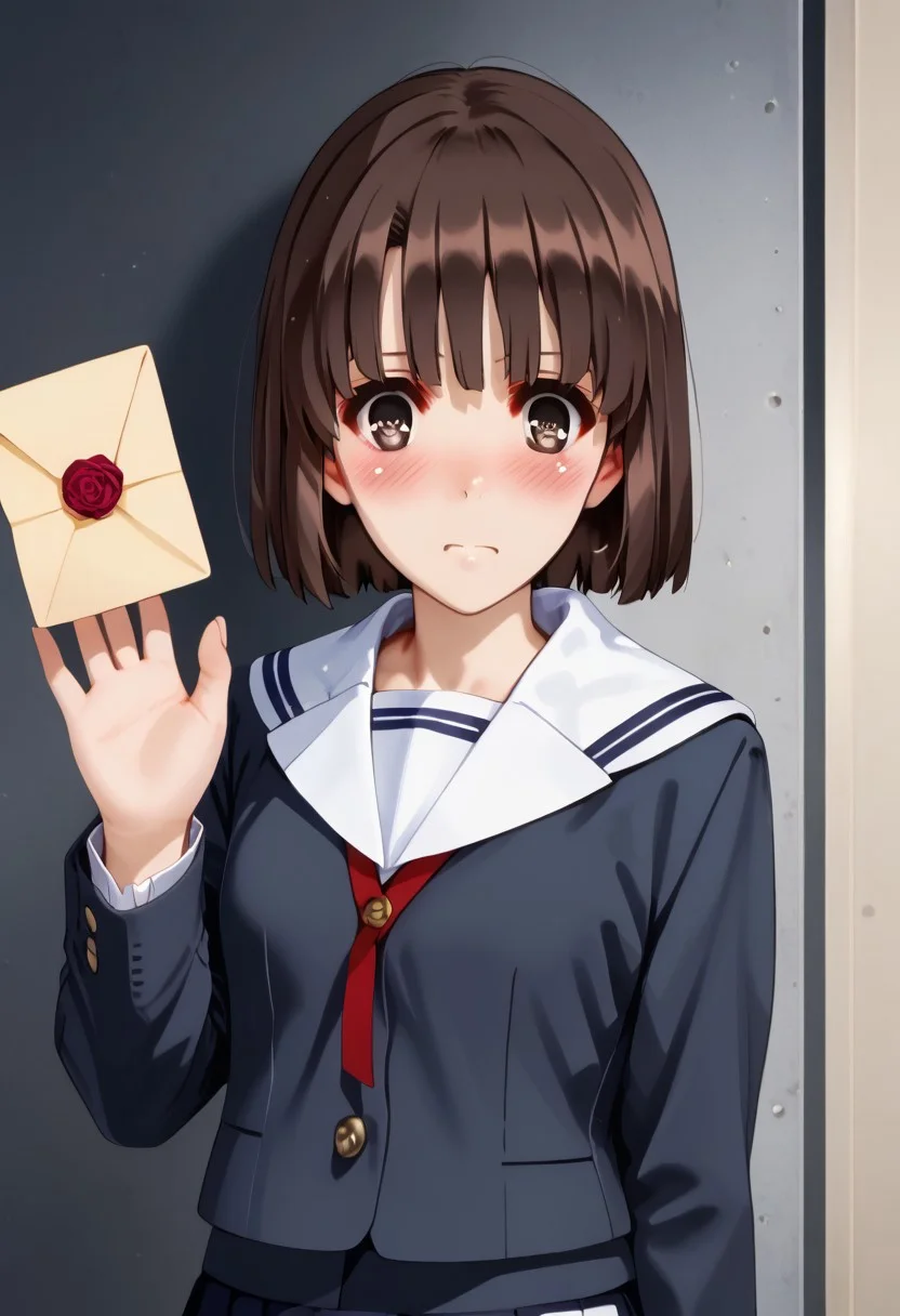 score_9, score_8_up, score_7_up, source_anime, <lora:Fixhands_anime_bdsqlsz_V1:1>, <lora:Expressive_H:0.62>, Expressiveh,
masterpiece, highres, ultra detailed, best quality, extremely detailed face, perfect lighting, 1girl, solo,
beautiful skin, shiny hair, shiny eyes, detailed eyes, megumi katou, brown hair, brown eyes, short hair, medium breasts, (blush:1.4),
standing, back against wall, embarrassed face, brown eyes, bangs, school uniform,serafuku,sailor collar,pleated skirt,dark blue shirt,long sleeves, fingernails, solo focus, upper body, indoor, pov,
<lora:refusing pose_pony_V1.0:0.6>, refusing pose, hands up,BREAK,
letter, PovGifting, pov hands, holding letter, love letter