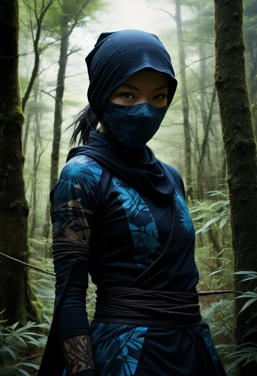 mysterious silhouette female ninja, rural japan, goddess, alluring, by Minjae Lee, Carne Griffiths, Emily Kell, Steve McCurry, Geoffroy Thoorens, Aaron Horkey, Jordan Grimmer, Greg Rutkowski, amazing depth, double exposure, surreal, geometric patterns, intricately detailed, bokeh, perfect balanced, deep fine borders, artistic photorealism , smooth, great masterwork by head of prompt engineering <lora:add-detail-xl:2> <lora:Double_Exposure:0.5>