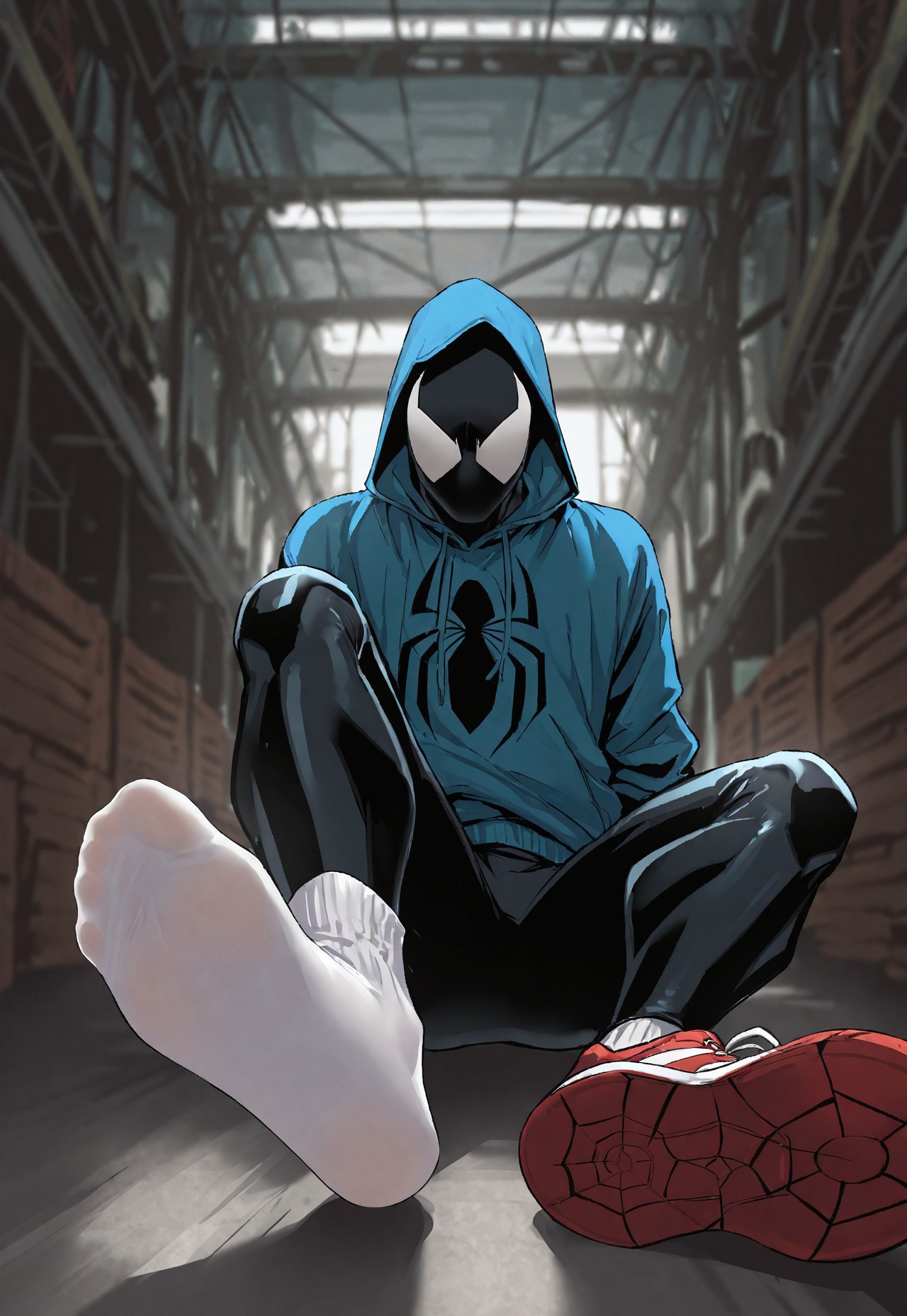 Smooth_Quality, masterpiece, best quality, amazing quality, very aesthetic, absurdres, newest, detailed background, spider-man, 1boy, solo, male focus, scarlet_spider, mask, bodysuit, blue hoodie, hood up, sitting on floor, warehouse, red sneakers, shoe sole, footwear focus, single shoe, white ankle socks, single sock, sole