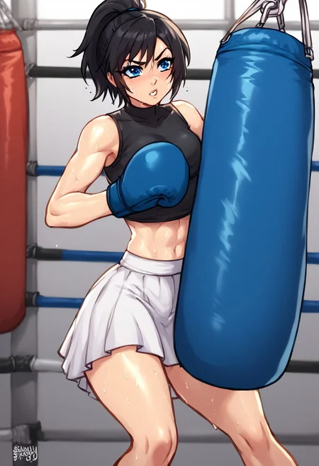 blushyspicy, score_9, score_8_up, 1girl,  solo, xion, ponytail, sweating profusely, rating_safe, boxing, gym, black hair, short hair, blue eyes, black top, sleeveless,  white skirt, <lora:BlushySDXL:1> <lora:XionSDXL:1>, ((boxing gloves)), cowboy shot, legs together, thighs, dynamic pose, punching, punching bag