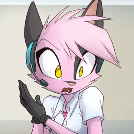 anthro, female, solo, clothing, hair, fur, open mouth, yellow eyes, handwear, gloves, pink body, pink hair, electronics, pink fur, headphones, screencap, headset, mammal, canid, canine, felid, feline, felis, domestic cat,
<lora:vi_noobai:0.8>,