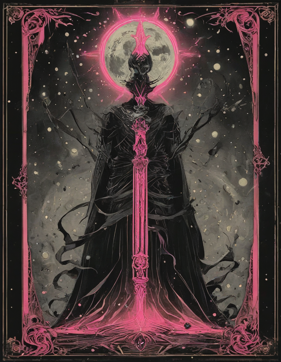 <lora:artfullyTAROT1LINE_SDXL_V1:1>,the front of an old card,tarot,tarot card,the magician,((1 line 1 color)),calligraphy,minimal,geometric,(2 colors total),lime,pink,black)) background,marker,((fine liner),masterpiece)),detailed,intricate,best quality,absurd resolution,tl4,sharp crisp ines,masterwork by artisan calligrapher,lines flow from one aspect to another,neon pink,nen liume,obsidian,ivory,vantablack,(((1 line ))) illustration,masterpiece,highest quality,absurd resolution,