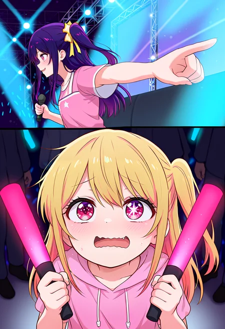 masterpiece, best quality, absurdres, yourturn, 2koma,
BREAK
1girl, hoshino ai, purple hair, one side up, hair ribbon, hair ornament, upper body, performance clothes, zettai ryouiki, star \(symbol\), pink dress, looking at another, pointing at another, outstretched arm, star-shaped pupils, smile, stage, stage lights,
BREAK
1girl, [hoshino ruby, aged down, holding glowstick], red eyes, looking up, wavy mouth, blush, star-shaped pupils, inspired, mismatched pupils, open mouth, hands up,
<lora:Next_its_your_turn_meme:1>
