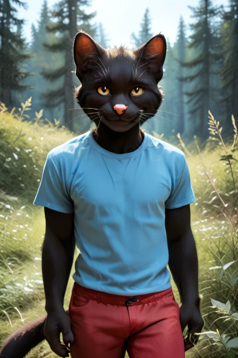 score_9, score_8_up, score_7_up, source_furry, source_cartoon BREAK 1boy, solo, anthro, furry male, k3k, black fur, yellow eyes, pink nose, whiskers, cat tail, cat ears, blue shirt, red pants, standing, looking at viewer, smile, outdoors, forest, grass, blue sky