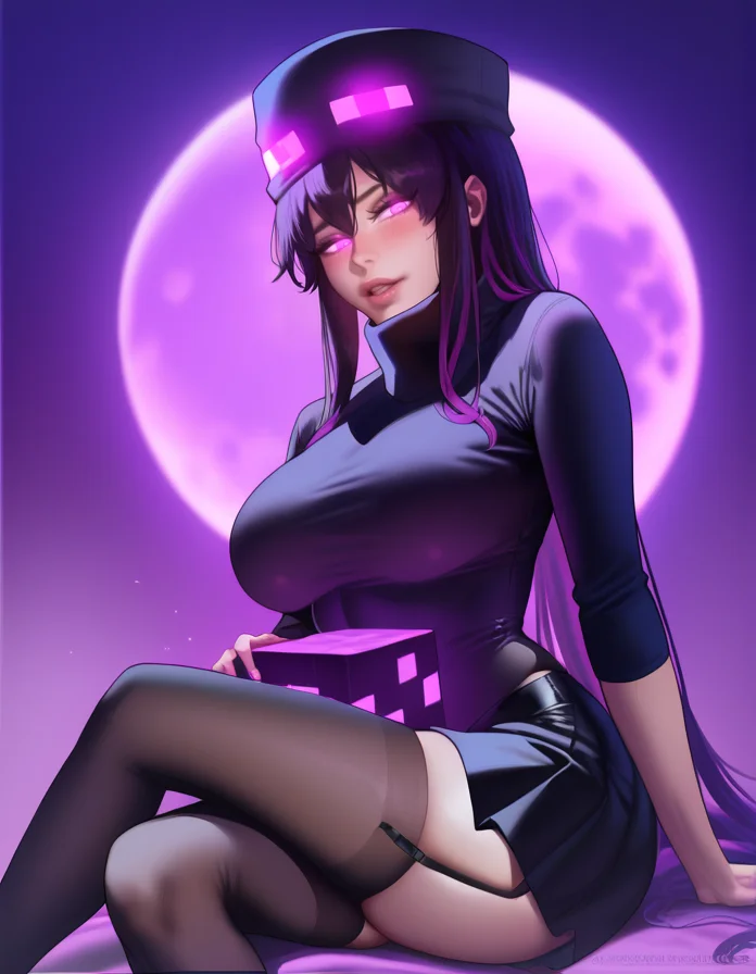 score_9, score_8_up, score_7_up,    motion blur, detailed background, looking at viewer, realistic lighting, mature female, detailed eyes, background: purple moon, night sky, 
slim and fit, 1 girl, , slightly parted lips, blush,
<lora:Sakimichan_cartoonish:1> ,sakimi caartoon,
<lora:Enderman_XLPD:1> Enderman-chan, black jacket, high collar, enderman hat, black skirt, black thighhigh, garter straps, shoes, glowing, glowing eyes, (hugging glowing cube), pressing cube to chest, large cube, big breasts,