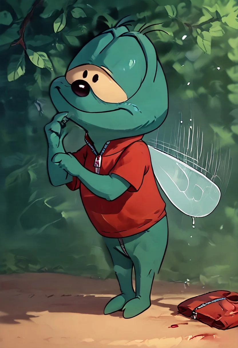 score_9, score_8_up, score_7_up, best quality, break
1boy, zipper fly, insect, insect wings, red shirt, break
