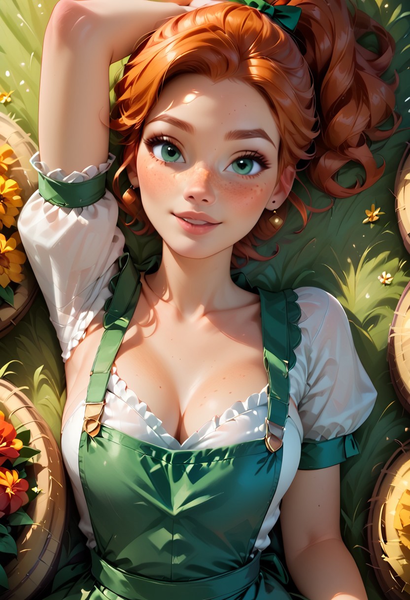 score_9, score_8_up, score_7_up,score_6_up, masterpiece, high quality, single 28 year old girl, gorgeous,cute,freckles, medium round breasts, thick body, hourglass body shape , "A" body shape, short wavy ginger hair, ponytail, red-hairtie, green eyes, dressed with (farmer outfit), sexy pose, outdoor, farm on back