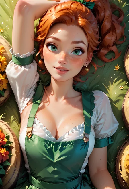 score_9, score_8_up, score_7_up,score_6_up, masterpiece, high quality, single 28 year old girl, gorgeous,cute,freckles, medium round breasts, thick body, hourglass body shape , "A" body shape, short wavy ginger hair, ponytail, red-hairtie, green eyes, dressed with (farmer outfit), sexy pose, outdoor, farm on back