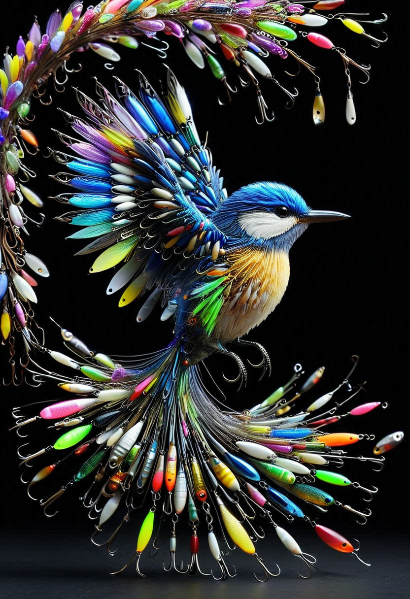 reality-shot, realism, realistic photography of a very detailed bird made of fishing lures, awesome appearance, magical landscape with enchanted elements, fantasy art style, wisteria theme, intricate details, ultra sharp, exquisite detail, flawless composition, vivid colors, masterpiece, exciting background   <lora:Fishing_Lures_-_World_Morph:1> F15HLUR35,