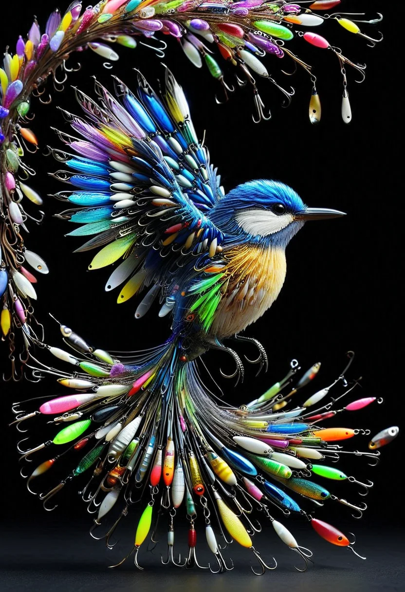 reality-shot, realism, realistic photography of a very detailed bird made of fishing lures, awesome appearance, magical landscape with enchanted elements, fantasy art style, wisteria theme, intricate details, ultra sharp, exquisite detail, flawless composition, vivid colors, masterpiece, exciting background <lora:Fishing_Lures_-_World_Morph:1> F15HLUR35,