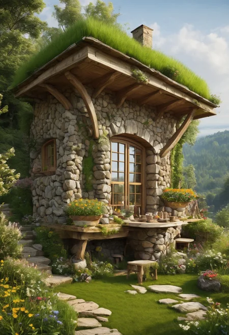 in front hangs a one-story fabulously magical house of a fairy, a wizard, a wizard, built of stone, covered and merged with nature, the roof reaches the ground and is completely covered with grass and green grass, a large veranda. in front of a table and chairs made from the branches of bushes and trees, deck chair type, large barbecue, windows, stone chimney, spacious inside, avant-garde ecologically independent house merging with nature, built from natural materials found in nature, fantastically fabulous style, photorealism, sense of harmony and tranquility, relaxation, fantasy and magic