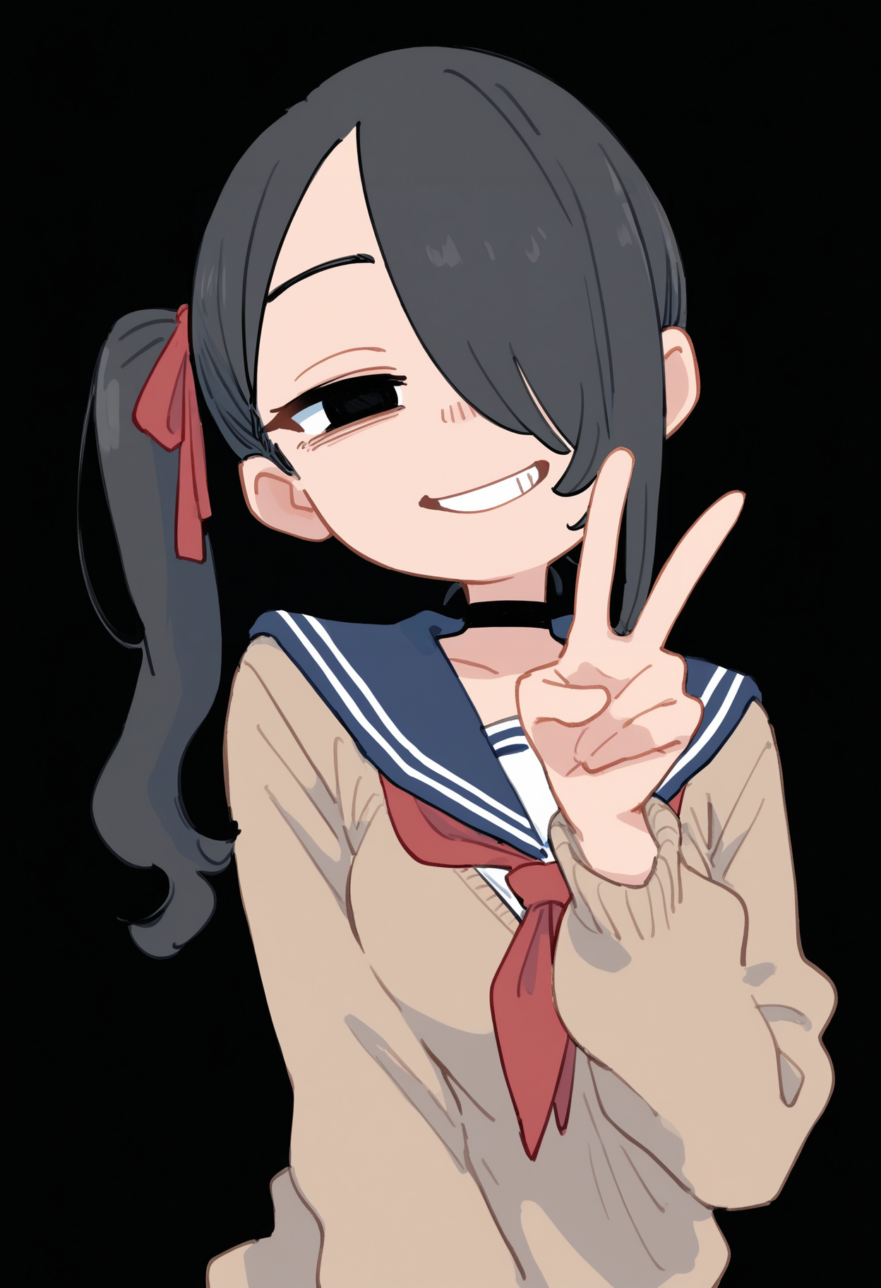 1girl, solo, black eyes, black hair, v, school uniform, smile, hair over one eye, side ponytail, choker, red neckerchief, black choker, black background, serafuku, looking at viewer, neckerchief, sailor collar, simple background, upper body, ribbon, hair ribbon, brown sweater, long sleeves, breasts, grin, long hair, blue sailor collar, red ribbon, sweater, hand up
, masterpiece, best quality, good quality,
<lora:firedotinc_noob-vpred1.0_prodigy-schedulefree_edm2_v4:1>