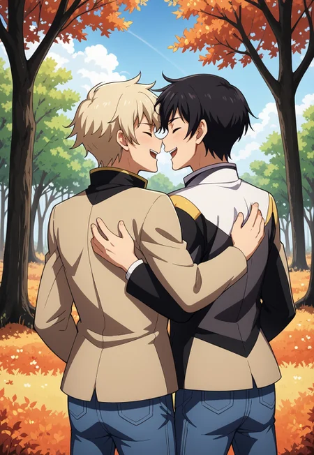 5 fingers on each hand, correct hands, score_9, score_8_up, score_7_up, source_anime, cowboy shot, 2boys, male focus, rear view, BREAK, ( ein_dalton, eyes closed, black hair, 4 fingers on hand, correct hand, mouth closed, ) is hugging ( hush_middy, eyes closed, light blond hair, 5 fingers on hand, laughing, mouth open, ), looking at each other, jeans, BREAK, autumn forest, leaves falling, leaves in air, grass, trees, light blue sky, lens flare,