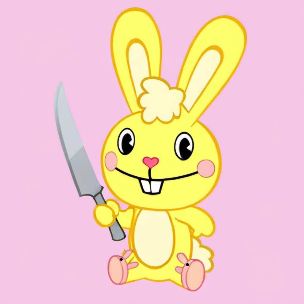 Cuddles1024, a cute yellow rabbit with pink sleepers holds a a huge knife, highly detailed, cartoon <lora:Cuddles1024:0.9>