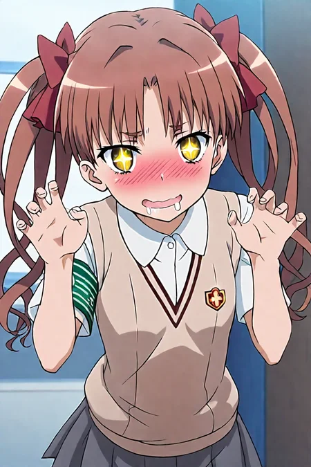 kuroko shirai, brown hair, long hair, parted bangs, ringlets, twintails, hair bow, bow, red bow, armband, black skirt, collared shirt, dress shirt, pleated skirt, safety pin, school uniform, shirt, short sleeves, skirt, summer uniform, sweater vest, tokiwadai school uniform, twintails, white shirt, brown sweater vest, 1girl, solo, alone, <lora:pervert_face_and_pose_illustriousXL-000009:0.8>, + +, yellow glowing eyes, claw pose, mouth drool, blush,masterpiece, highres