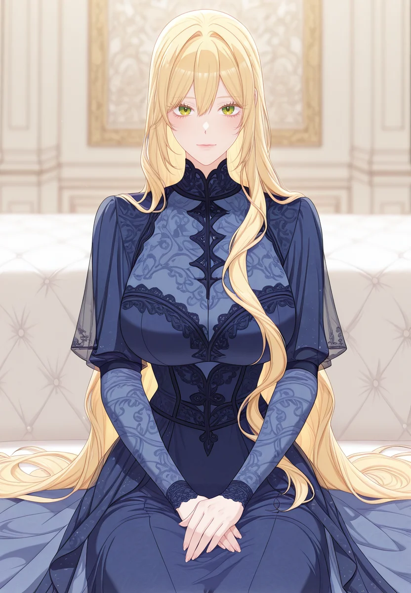 zPDXL3, score_9_up, score_8_up, score_7_up, ,Masterpiece,(perfect female body:1.2), small waist, (incredibly detailed:1.4), beautiful fingers, (large breasts:1.4) looking at viewer, huge breasts,  <lora:Aria_Roscente_-_The_Villainess_Reverses_the_Hourglass-Kaleid_Illustrious:1>aria roscente, 1girl, green eyes, blonde hair, very long hair, hair between eyes, eyelashes, dress, blue dress, long dress, sitting