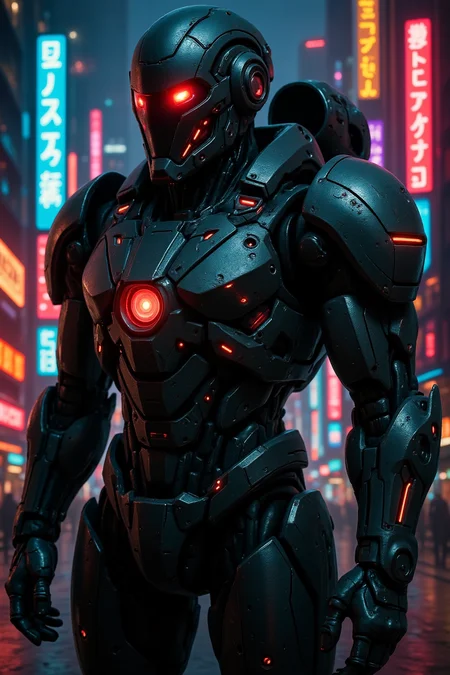 Image of an armored high tech robot with red lights. The image is a vibrant, highly detailed CGI rendering of a futuristic urban scene with a high-tech (armored impressive robot with a laser turret on its back), set in a neon-lit cityscape at night. it has a matte black finish, featuring numerous glowing blue and red accents, appears to be a concept or prototype model, possibly from a sci-fi movie or video game.
