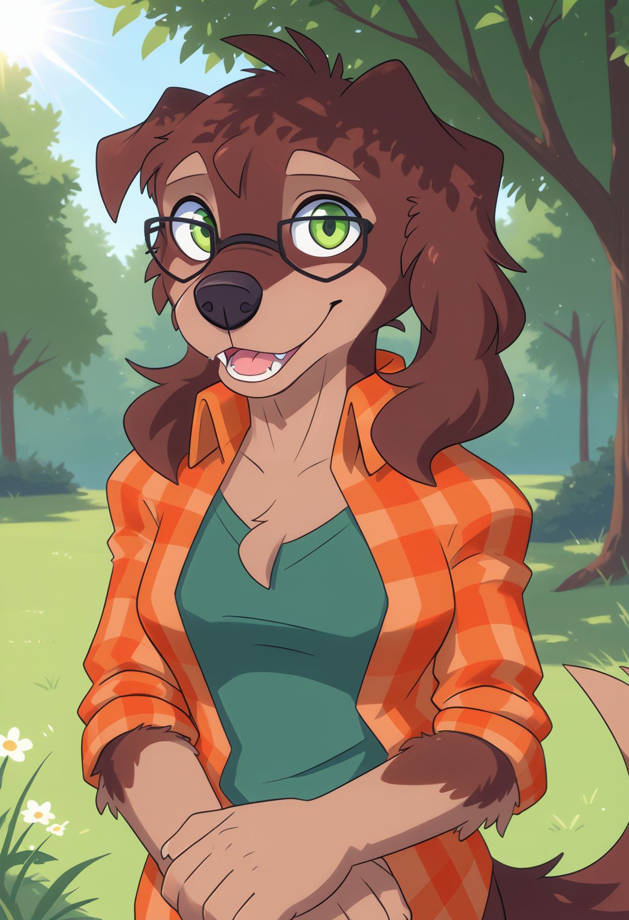 <lora:riley_(savestate)_v1_pny:0.8>  riley_(savestate), 1girl, dog girl, green eyes, brown hair, tail, glasses, orange shirt, plaid shirt, green top, looking at viewer, open mouth, smile, fangs, outdoors, sunlight, tree, grass, furry female, source_furry, score_9, score_8_up, score_7_up, score_6_up, score_5_up, score_4_up
