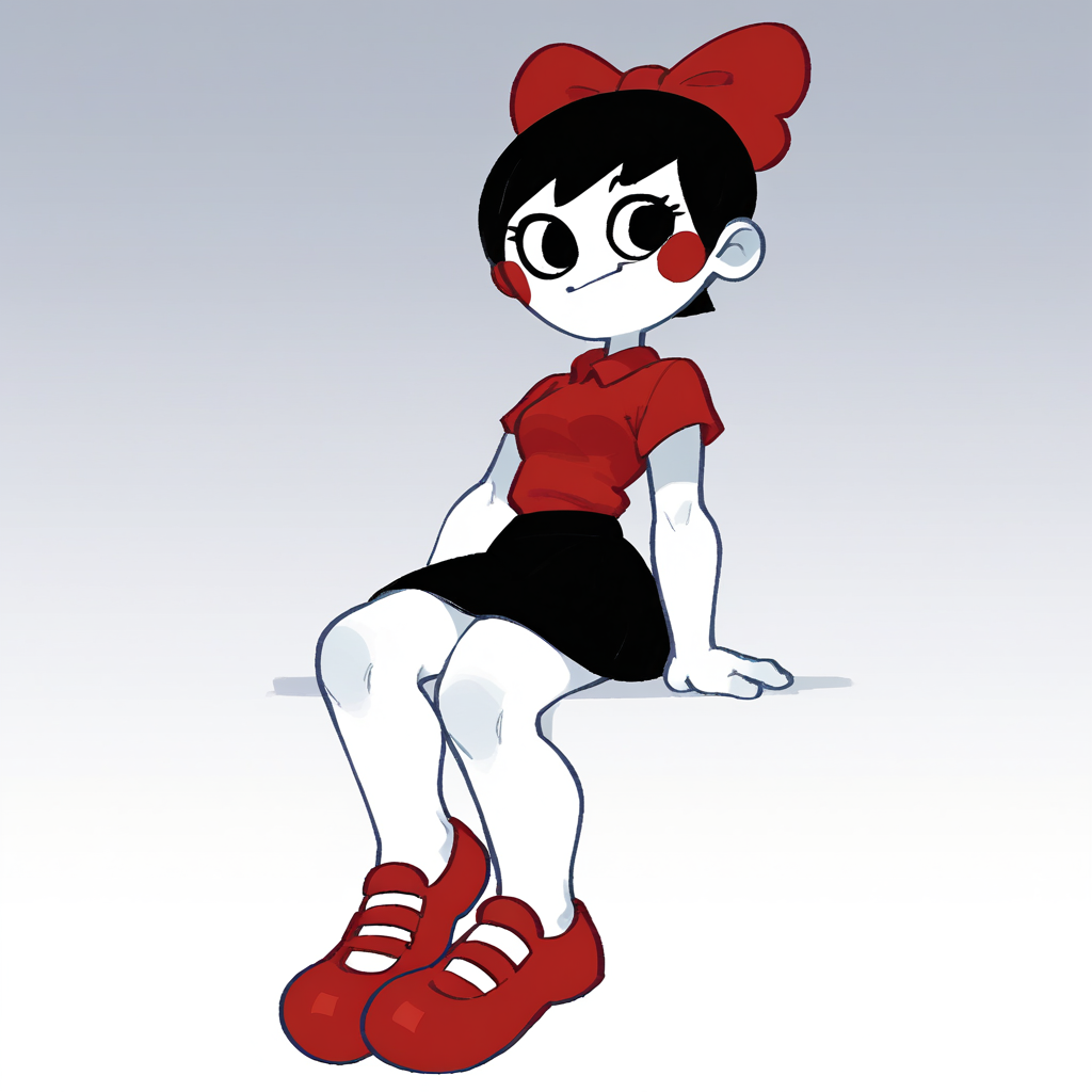 score_9_up, score_8_up, BREAK, Utz, 1girl, solo, white skin, black hair, short hair, hair bow, red shirt, black skirt, red footwear, full body, <lora:Utz_Mascot_PXL_Leaf1:1>, gradient background, flat color,