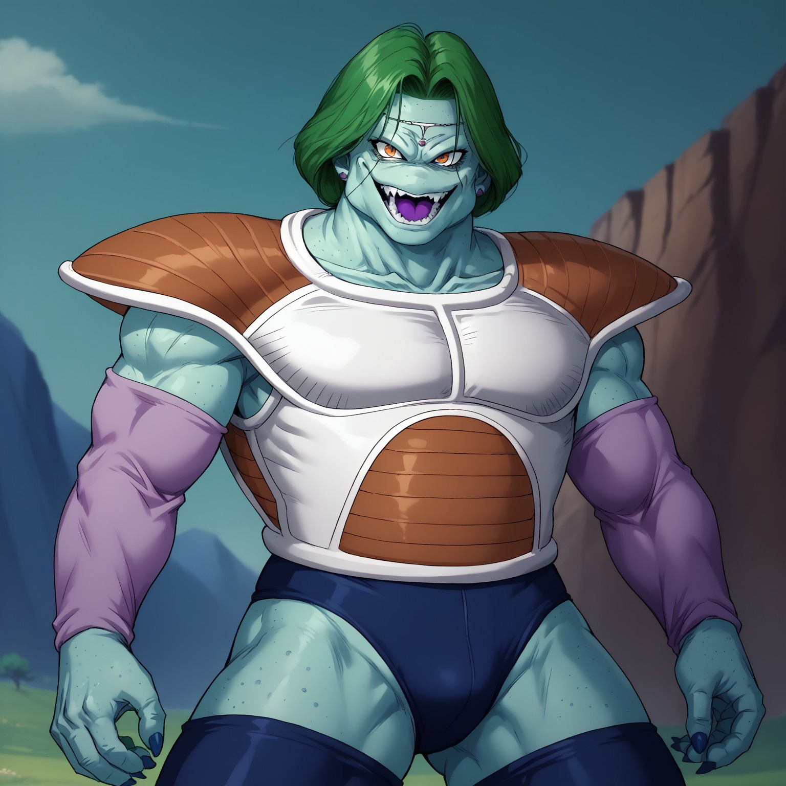 safe_pos, score_9, score_8_up, score_7_up, source_anime, tzarbondb, 1boy, solo, teal skin, green hair, orange eyes, fangs, open mouth, saiyan armor, purple sleeves, panties, leggings, looking at viewer, muscular, BREAK, outdoors