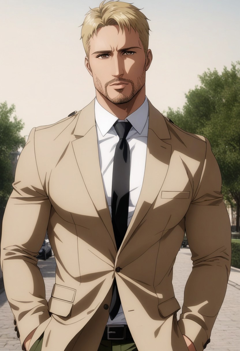score_9, score_8_up, score_7_up, score_6_up, perfect anatomy, perfect proportions, best quality, masterpiece, high_resolution, high quality, aesthetic, absurdres, (male focus), solo male, adult, mature, masculine, manly, handsome, charming, alluring, cowboy shot, dutch angle, Reiner Braun, blond hair, short hair, stubble, facial hair, hazel eyes, white collared shirt, light-brown trench coat, black necktie, olive green pants, black combat boots, standing, upper body, photo background