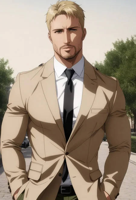 score_9, score_8_up, score_7_up, score_6_up, perfect anatomy, perfect proportions, best quality, masterpiece, high_resolution, high quality, aesthetic, absurdres, (male focus), solo male, adult, mature, masculine, manly, handsome, charming, alluring, cowboy shot, dutch angle, Reiner Braun, blond hair, short hair, stubble, facial hair, hazel eyes, white collared shirt, light-brown trench coat, black necktie, olive green pants, black combat boots, standing, upper body, photo background