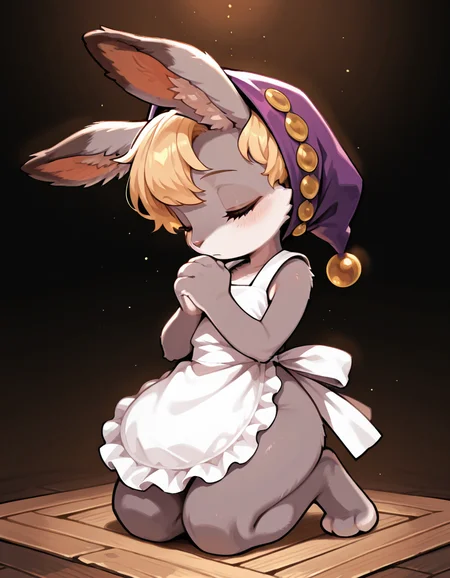 best quality, masterpiece, amazing quality, very aesthetic, high resolution, ultra-detailed, absurdres, newest, os-pooka, chibi, furry, solo, female, lagomorph, short limbs, digitigrade, prick ears, grey fur, grey body, blonde, purple pointed hat, apron only, white apron, eyes closed, praying, looking down, head down, hands together on chest, kneeling, detailed dark background, <lora:os_Pooka_Illustrious:0.8>