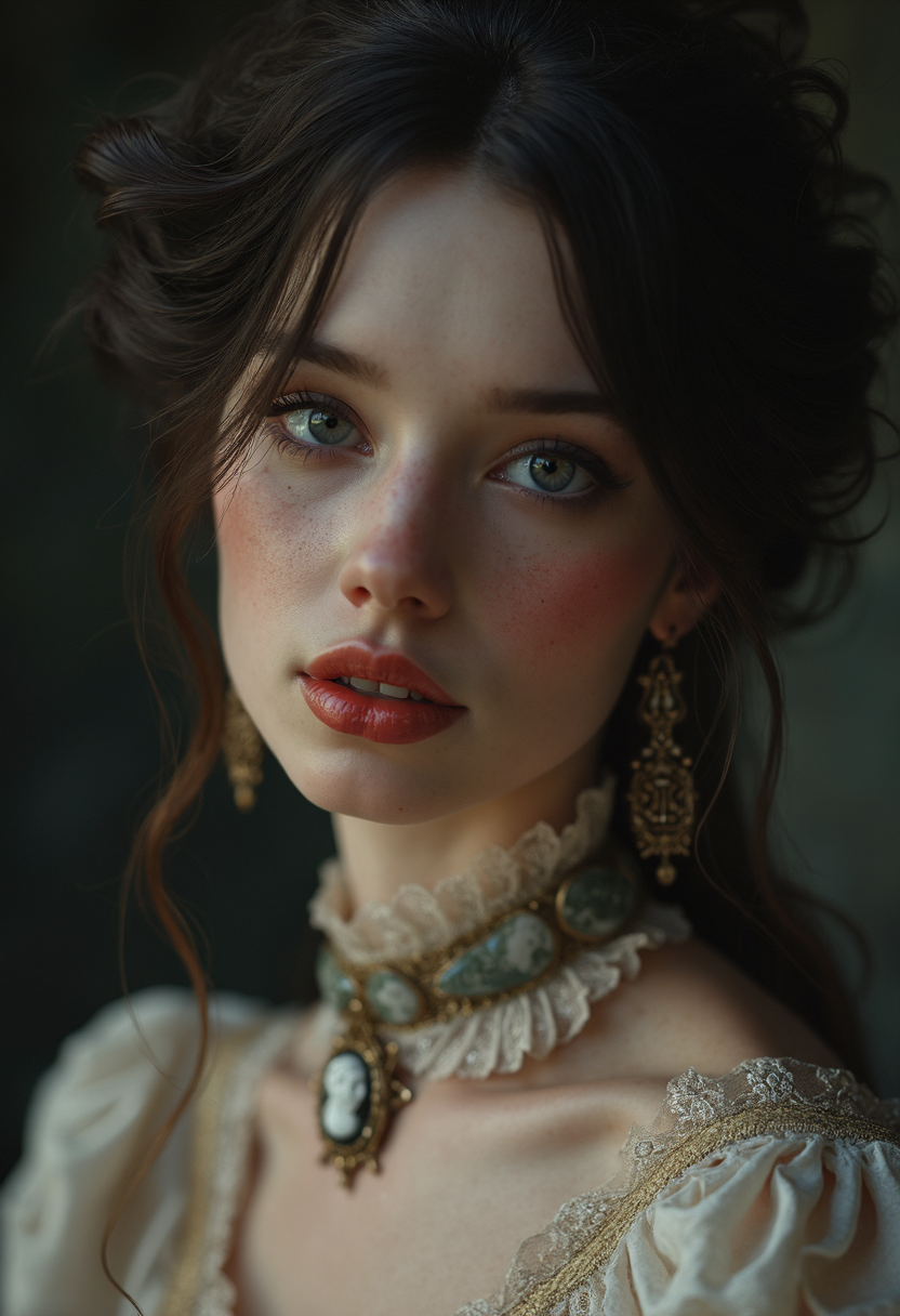 A high-resolution, close-up portrait of a young woman in her early twenties with a soft, innocent expression, exuding a sense of Victorian elegance. She has fair, porcelain skin and wide, doe-like eyes that sparkle with a hint of mystery. Her lips are painted a gentle rose shade, slightly parted to reveal the faintest glimpse of sharp, delicate fangs, hinting at her hidden vampiric nature. Her dark, wavy hair is styled in an elegant Victorian updo adorned with a lace ribbon. She wears a vintage, high-collared dress with intricate lace details and a cameo brooch at her neck, evoking both innocence and old-world charm. The background is dimly lit, with shadows that seem to subtly encroach, adding an eerie, gothic atmosphere to the scene. Soft, diffused lighting highlights her delicate features, casting a gentle glow over her pale complexion, giving her an ethereal, haunting beauty that feels both inviting and unsettling
 glow effects, godrays, Hand drawn, render, 8k, octane render, cinema 4d, blender, dark, atmospheric 4k ultra detailed, cinematic, Sharp focus, big depth of field, Masterpiece, colors, 3d octane render, 4k, concept art, trending on artstation, hyperrealistic, Vivid colors, extremely detailed CG unity 8k wallpaper, trending on CGSociety, Intricate, High Detail, dramatic  intricate, detailed . magnificent, celestial, ethereal, painterly, epic, majestic, magical, fantasy art, cover art, dreamy