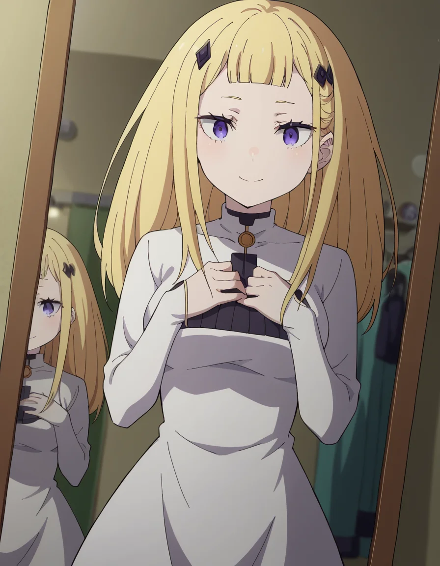 score_9, score_8_up, score_7_up, source_anime, <lora:rezero-sylphy-s3-p1-ponyxl-lora-nochekaiser:1>, sylphy, long hair, bangs, purple eyes, blonde hair, hair ornament, blunt bangs, medium breasts,, long sleeves, dress, white dress,, dressing room, mirror, lights, costumes, makeup, smile, hands on own chest,, looking at viewer, solo,, dutch angle, cowboy shot