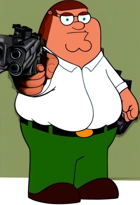danny_phantomstyle,1boy,solo, Peter Griffin, peter, glasses, fat, 1boy, white shirt, solo, brown hair, green pants, belt, brown footwear, holding weapon, handgun, holding gun, aiming at viewer, revolver, finger on trigger