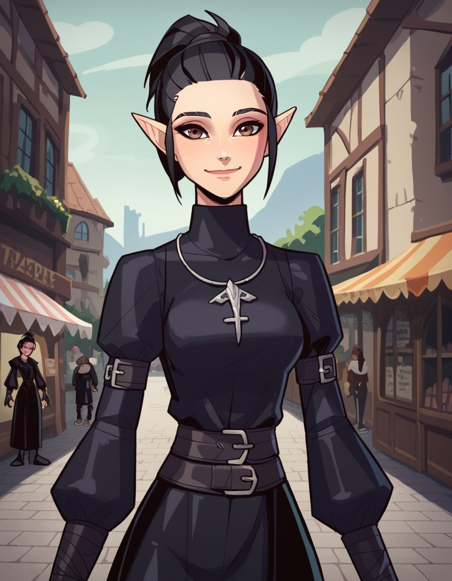 score_9, score_8_up, score_7_up, 1girl, solo, SulfS-S3B1LL3, upper body:1.5, portrait, front view,
pointy ears, black hair, short hair, low ponytail, brown eyes,
skinny, tall,
DefLK, black dress, black detached sleeves, black gloves, black skirt, black pants,
medieval streets, marketplace, smiling, looking at viewer,
<lora:Sebille_Kaleran_Divinity_Original_Sin_2-000003:0.7>,  <lora:BalsamiqueLycoXL:1>