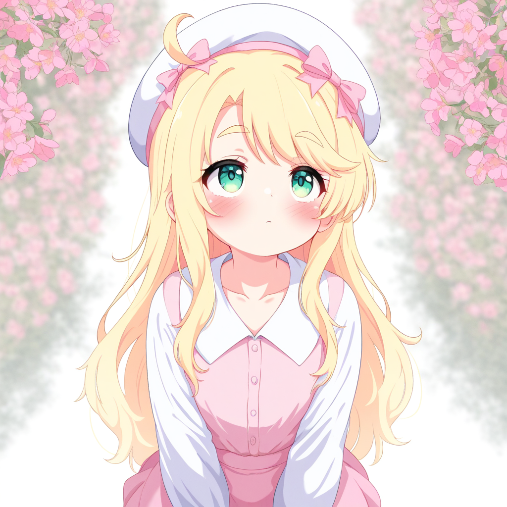 masterpiece, best quality, solo, curvy, beautiful eyes, R245, 1girl, blonde hair, solo, long hair, hat, bow, blush, beret, pink bow, shirt, white shirt, closed mouth, long sleeves, green eyes, thick eyebrows, ahoge, collared shirt, white headwear, blurry, pink skirt, upper body, blurry background, collarbone, flower, hat bow, skirt, pink flower, dress, very long hair, pink dress, looking to the side, looking up, depth of field,
