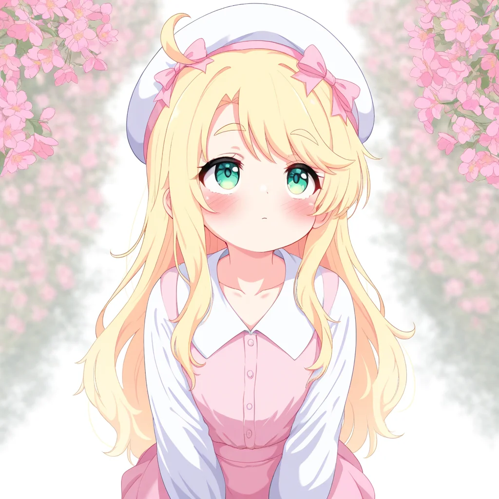 masterpiece, best quality, solo, curvy, beautiful eyes, R245, 1girl, blonde hair, solo, long hair, hat, bow, blush, beret, pink bow, shirt, white shirt, closed mouth, long sleeves, green eyes, thick eyebrows, ahoge, collared shirt, white headwear, blurry, pink skirt, upper body, blurry background, collarbone, flower, hat bow, skirt, pink flower, dress, very long hair, pink dress, looking to the side, looking up, depth of field,