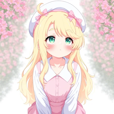 masterpiece, best quality, solo, curvy, beautiful eyes, R245, 1girl, blonde hair, solo, long hair, hat, bow, blush, beret, pink bow, shirt, white shirt, closed mouth, long sleeves, green eyes, thick eyebrows, ahoge, collared shirt, white headwear, blurry, pink skirt, upper body, blurry background, collarbone, flower, hat bow, skirt, pink flower, dress, very long hair, pink dress, looking to the side, looking up, depth of field,