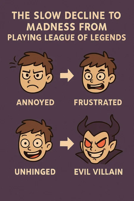 create me a visual infographic describing the slow decline to madness from playing league of legends. From Annoyed to Evil Villian
