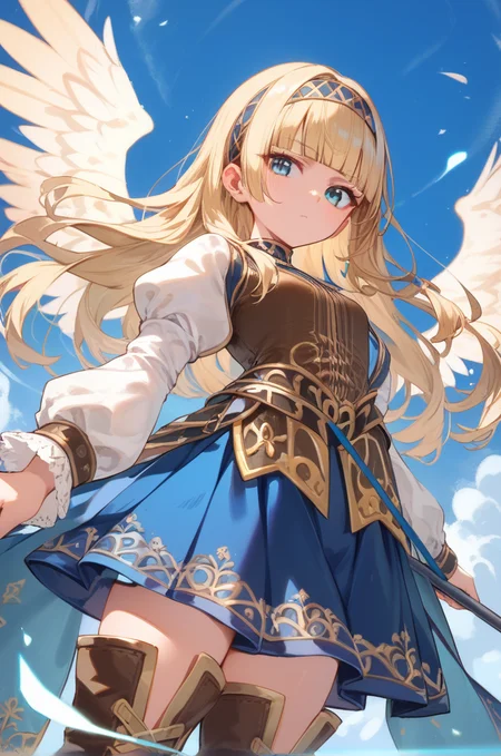 score_9, score_8_up, score_7_up, source_anime,
simple background, blurry background,
cowboy shot, from below, serious,
holding giant spear, light angelic wings,
<lora:aliciavp2_autismConfetti_v01:0.95>aliciaVP2, blonde hair, long hair, blunt bangs, hairband, brown vest, puffy sleeves, long sleeves, waist cape, blue eyes, two toned skirt, blue skirt, thigh boots,, zPDXL