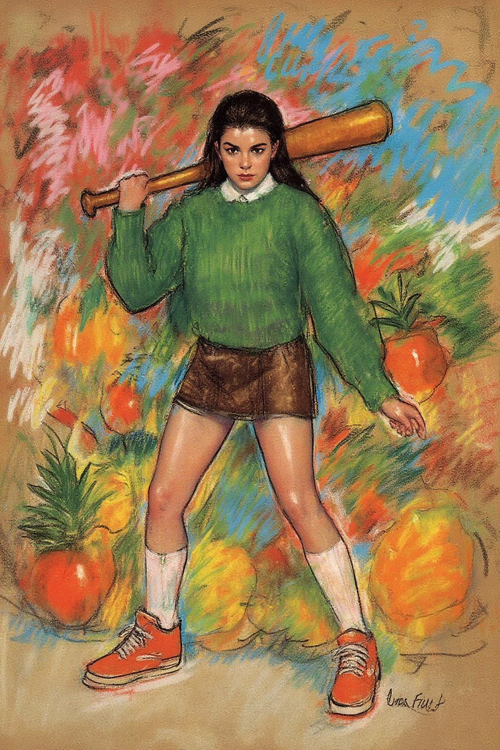 marycassatt2 drawing. liquid splash, cartoonish juicy fruits chaos, dynamic pose, dynamic camera, a fashion shoot, an illustration of a woman threateningly holding a baseball bat in her hands, full body tattoo, wearing green short sweater, miniskirt, knee socks, orange sneakers, aggressive facial expression, wall with graffiti in the background, <lora:marycassatt2_cap_d6a3:1.0><lora:840707623335607829:0>