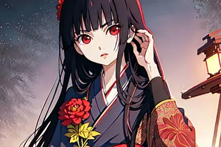enma ai, hair down, hair black, bangs, eyes red, masterpiece, best quality, ultra-detailed, illustration, 1girl, solo, highres, photorealistic, ultra high res, (Original illustration composition), (fusion of limited color, Maximalism artstyle, kimono obi fashion, double exposure, background, illustration, Amazing, lily spider, night darkness, open one's mouth, flowers red, (polychromatic peony:1.15), Movie poster,