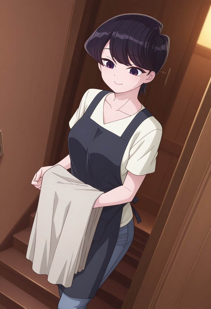 Rating 9, Rating 8, Rating 7, Rating 6, Rating 5, Rating 4, Masterpiece, Superior Quality, Amazing Quality, Masterpiece, Highest Quality, Ultra-detailed, Dynamic Angle, Dynamic Composition, Alone, white frame, maximum contrast, saturated color, bright colors, dynamic lighting,
1 girl, medium shot,vibrant colors, high contrast,
komishuukocnn, 1girl,black hair, short hair, bangs, purple eyes,mature female,
shirt, jeans, short sleeves,wearing an apron, carrying clothes, going down the stairs, smile closed, eyes open