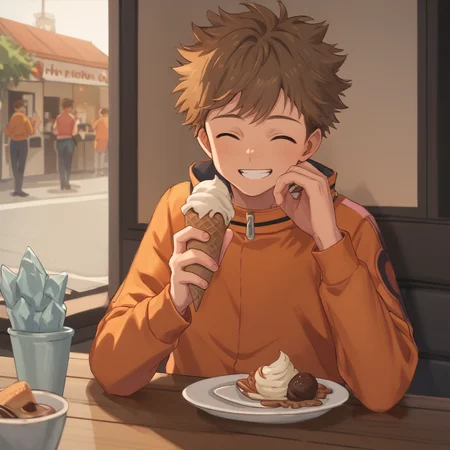 score_9,score_8_up, <lora:OtherStyle_01:0.6>,<lora:Hinata_Minoru-000011:0.8>,hinata minoru,brown hair,brown eyes,orange jacket,male focus,twink,solo, happy,ice cream cone, cafe,