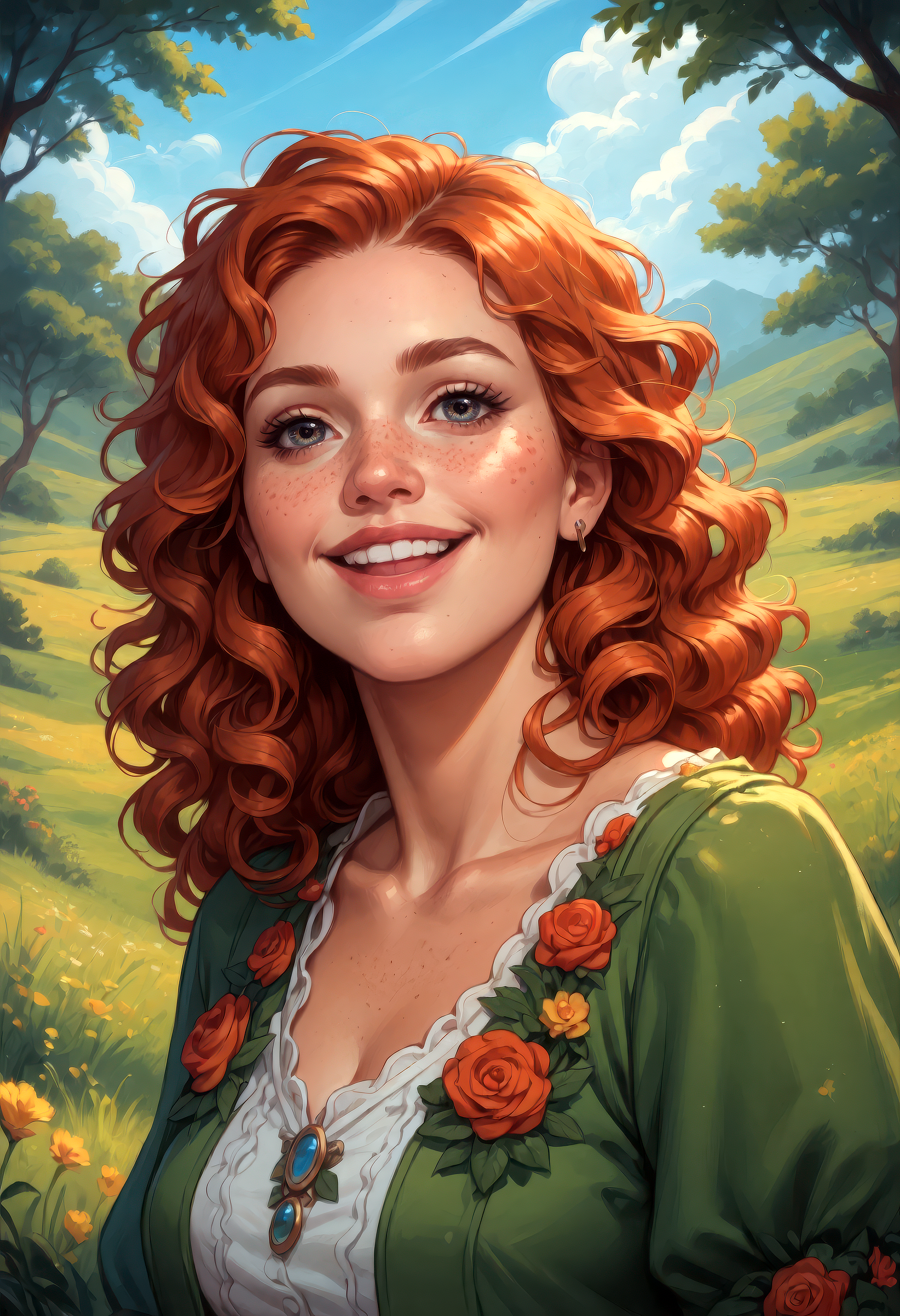 score_9, score_8_up, score_7_up, Beautiful girl with curls and lots of freckles, ginger hair, smiling with joy, joyful expression, open eyes, prairie dress, vibrant and lively mood, dynamic angle
