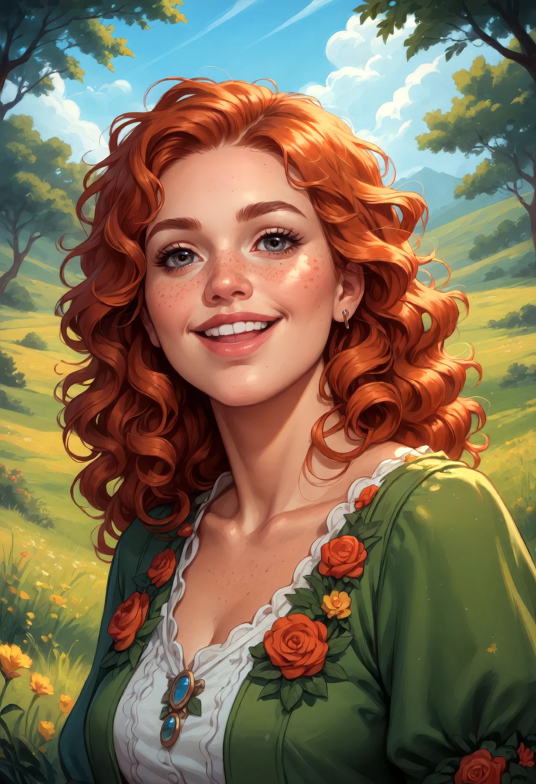 score_9, score_8_up, score_7_up, Beautiful girl with curls and lots of freckles, ginger hair, smiling with joy, joyful expression, open eyes, prairie dress, vibrant and lively mood, dynamic angle