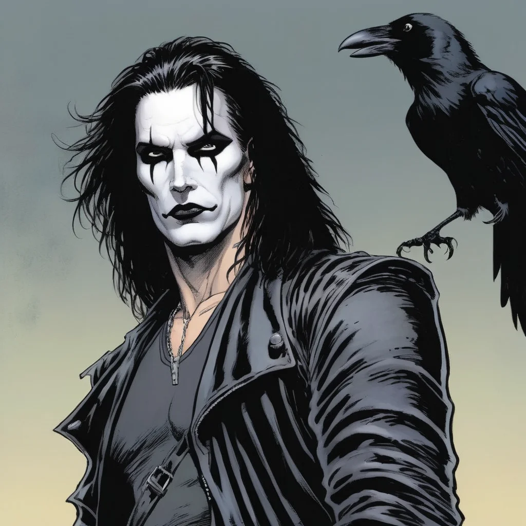 comic book art of <lora:graphic novel style:1.2>
1980's Eric Draven choppy hair a drawing of a man with a crow on his shoulder In graphic novel style, comic art, graphic novel illustration