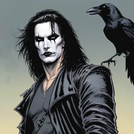 comic book art of <lora:graphic novel style:1.2>
1980's Eric Draven choppy hair a drawing of a man with a crow on his shoulder In graphic novel style, comic art, graphic novel illustration