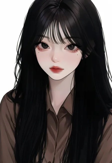 <lora:KoreanStyleSDXLvpred10:1>, AiKoreanStyle, 1girl, black hair, long hair, white background, collared shirt, looking at viewer, mole under eye, simple background, black eyes, upper body, brown shirt, closed mouth, red lips, masterpiece, best quality, year 2024, newest, highres, absurdres, very awa,
